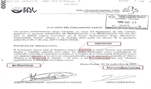 Enmienda presentada por el PNV ante el Parlamento Vasco con faltas de ortografía