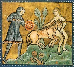 El Physiologus, bestiario medieval. Represntación de la caza del unicornio.