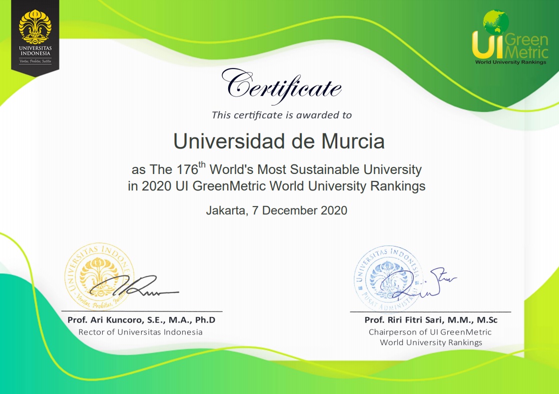 Imagen del certificado de GreenMetric a la Universidad de Murcia. 