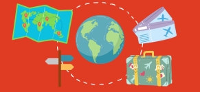 Cartel con bola del mundo y gráficos de viajes