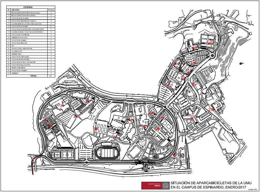 Plano localización aparcamientos para bicicletas en el campus de Espinardo