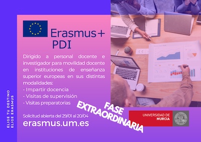 Fase extraordinaria de la convocatoria Erasmus+ PDI para impartir docencia, visitas de supervisión y visitas preparatorias: abierta desde el 29 de enero hasta el 20 de abril