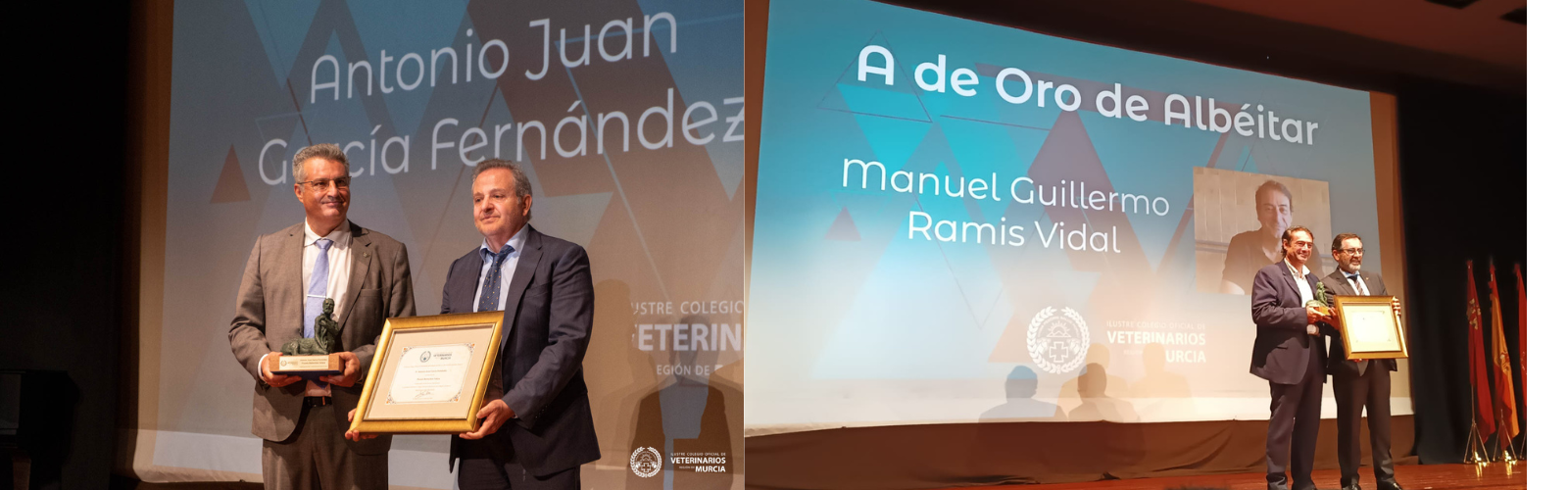 Los profesores Antonio Juan García y Guillermo Ramis reciben el reconocimiento del Colegio de Veterinarios de Murcia