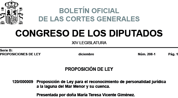 Proposición de Ley para el reconocimiento de personalidad jurídica  a la laguna del Mar Menor y su cuenca.