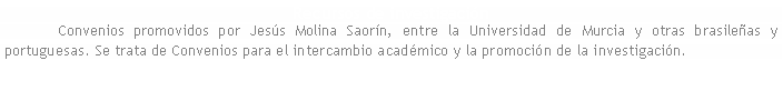 Cuadro de texto: Recursos de investigacin	Convenios promovidos por Jess Molina Saorn, entre la Universidad de Murcia y otras brasileas y portuguesas. Se trata de Convenios para el intercambio acadmico y la promocin de la investigacin.
