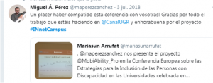 Twitts between @maperezsanchez and @mariasunarrufat about the Mobiability coordinator presentation in the InNet Campus meeting, Antwerp, Belgium